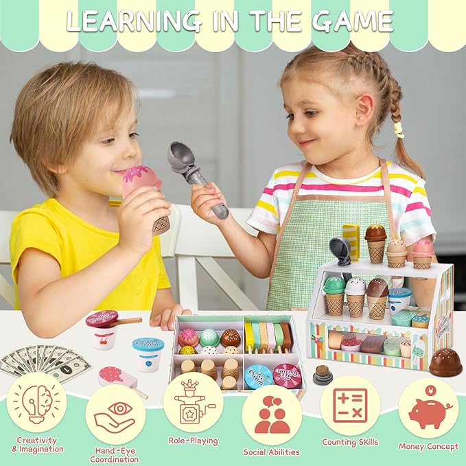 Wooden Ice Cream Toys for Kids Pretend Play Kitchen Food Toys with Scoop & Menu & Fake Money, Ice Cream Counter Shop Playset for 3 4 5 6 Year Old Girls Boys Birthday Gifts