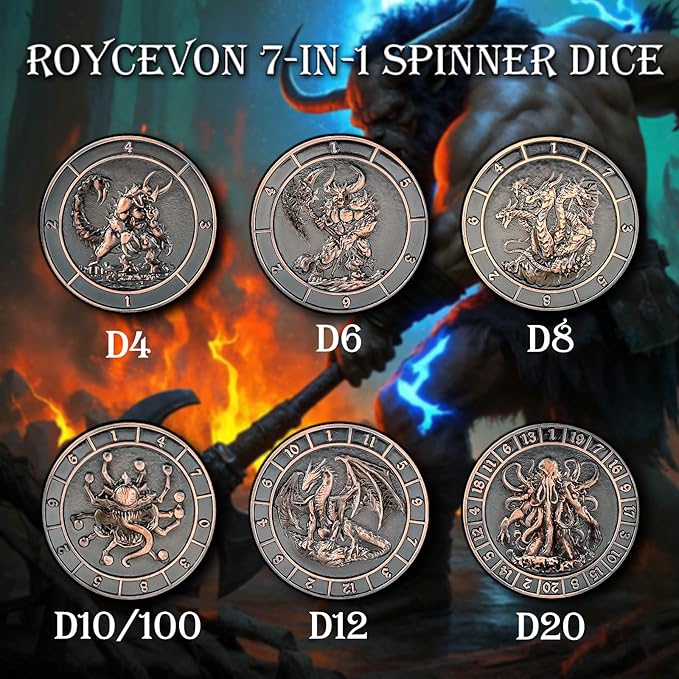 7 in 1 Unique Spinner DND Dice Set D&D, Metal Cube D and D Dice with Gift Box, Dungeons Dragons Role Playing Dice, Copper