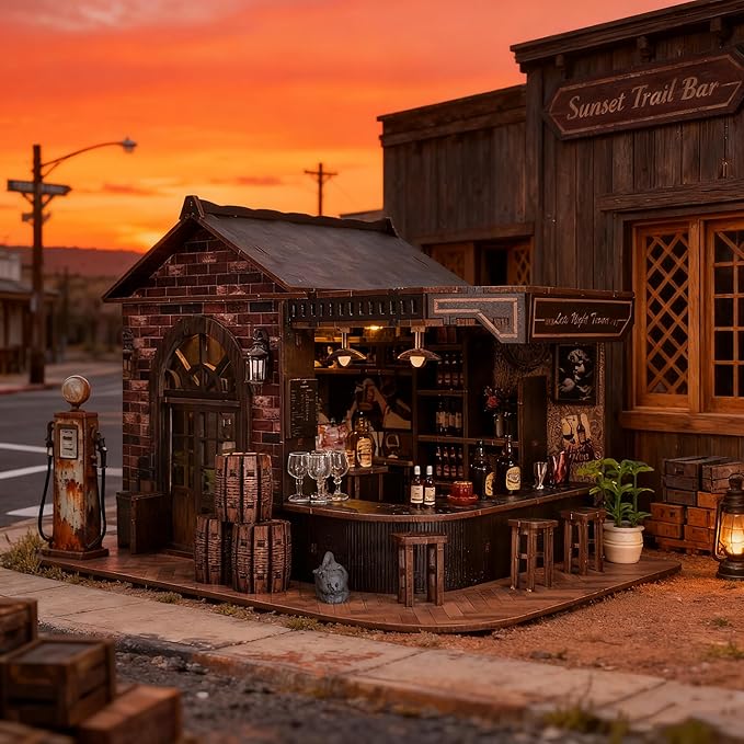 Book Nook Kit, DIY 3D Wooden Puzzle Miniature House, Vintage Pub Corner Tavern with LED Lights, Mini Dollhouse Building Kit Tiny House for Adults, Christmas Birthday Valentine's Day Gift for Family