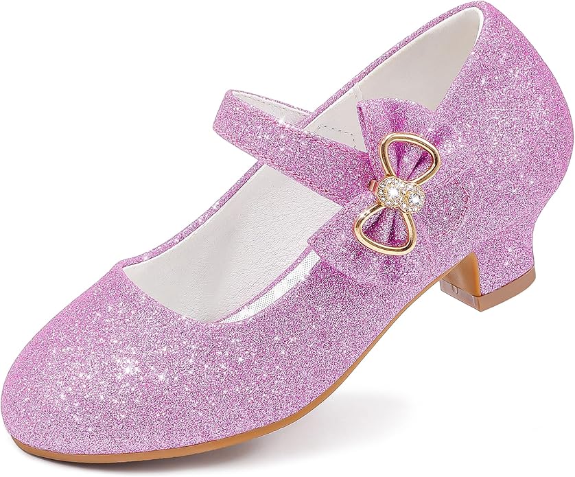 Dufannie Girls Dress Shoes Low Heel Princess Flats Mary Jane Flower Wedding Party Glitter Shoes for Kids Toddler