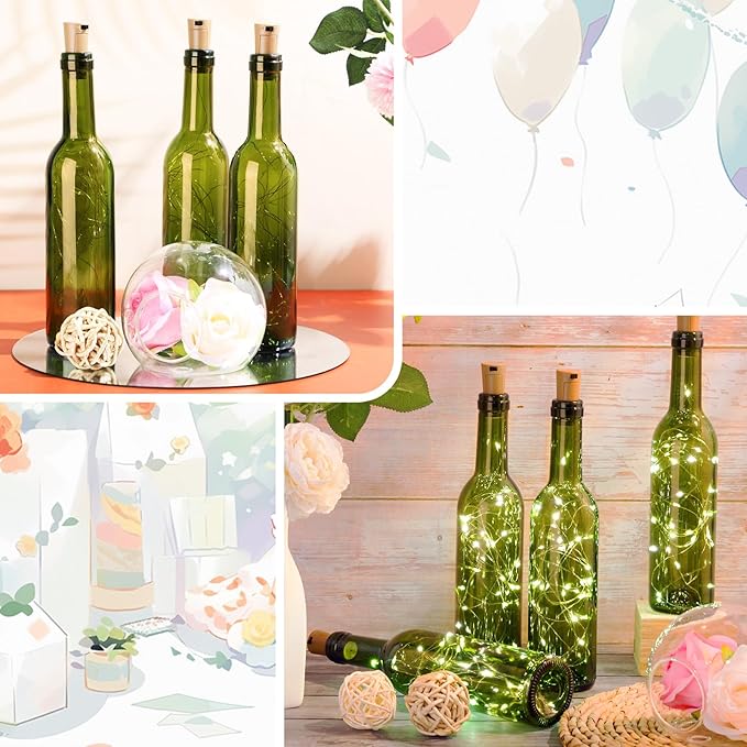 Rtteri 12 Sets Small Empty Wine Bottles with Cork Lights Centerpiece and 30 LED Battery Operated Cork Lights for Birthday Wedding Party Decoration(375 ml,Dark Green Bottle)