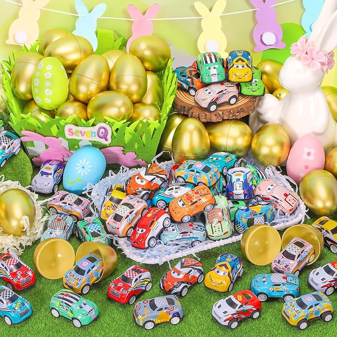 SevenQ Toy Cars Easter Basket Stuffers 24 Pcs, Prefilled Easter Egg Fillers Race Car Party Favors for Kids Birthday Goodie Bag Treasure Box Toys for Classroom Treat Prizes Pinata Egg Hunt Supplies