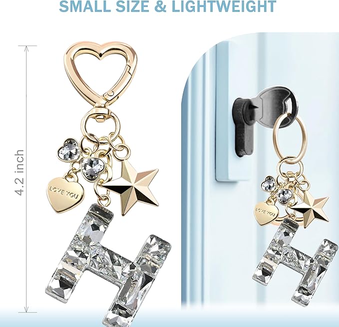 Cute Bling Keychain initial Letter Butterfly Star Pink Purple Gift for Women Girls Bag Cup Charms Accessories