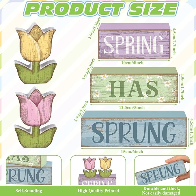 Moucuny 4 Pcs Spring Table Decor Wood Floral Decoration Tulip Centerpiece Spring Tiered Tray Decor Decorative Colorful Flower Block Signs Gift Farmhouse Decoration for Home Kitchen
