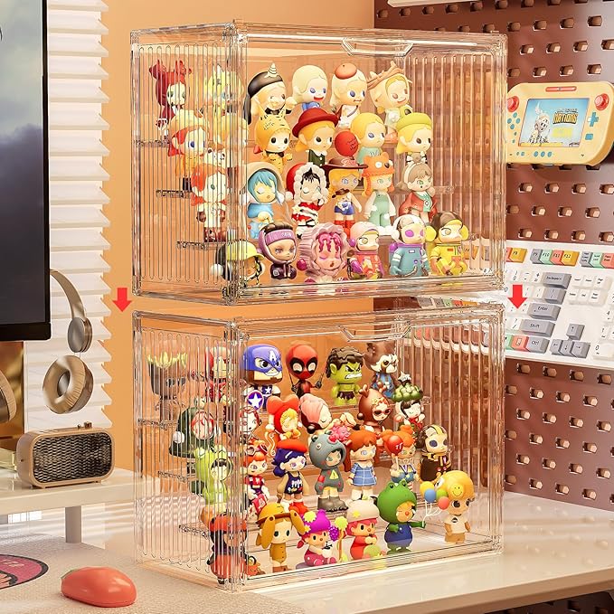 Clear Acrylic Display Case for Collectibles 4 Layer Hobby Figure Display Case Box with Shelves Stackable Figurine Display Shelf for Pop Mart Labubu, Car Model, Perfume, 2 Pack