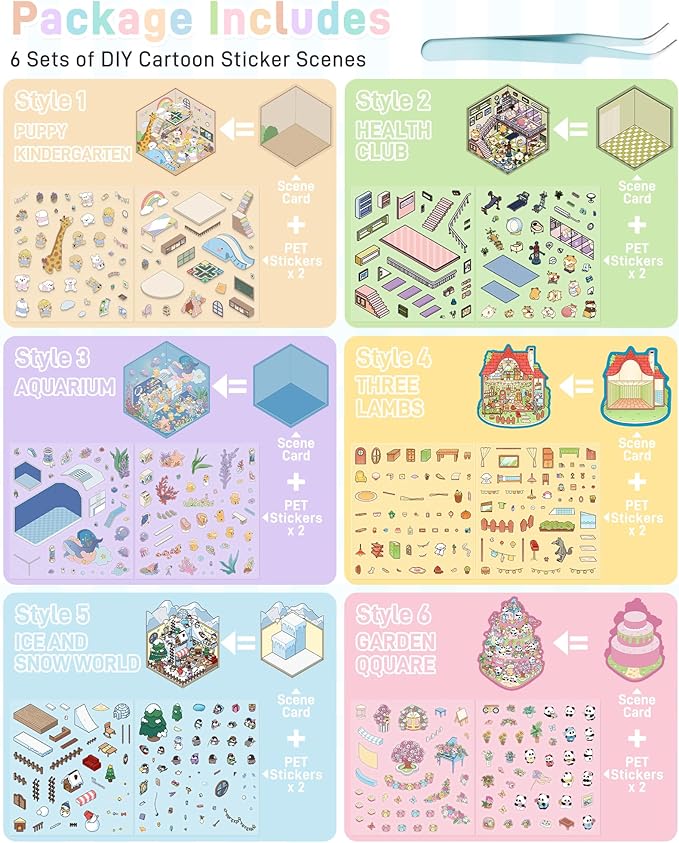 DIY 3D Sticker Scene 6 Sets of Stickers for Kids, Make Your Own Mini Room Scene Stickers for Girls,Cute Cartoon Animal Sticker Therapy for Adult,Relief Stress Pass The Time, Party Favors Christmas Fun