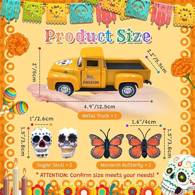 Day of The Dead Decorations for Altar Sugar Skulls Halloween Decor Metal Truck with Couple Sugar Skull Figurines Monarch Butterfly Mexican Dia De Los Muertos Decor Mini Ofrenda Altar Decorations