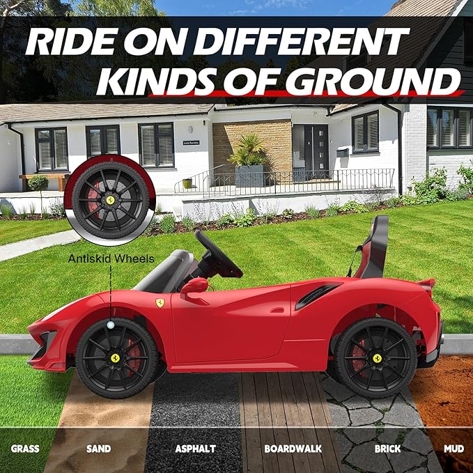 DIKEP 12V Kids Electric Ride On Car, Licensed Ferrari 488 Pista Spider Powered Ride On Toy Vehicle with Remote Control, Speaker, Openable Doors, Leather Seat, Spring Suspension, LED Lights, MP3, Red