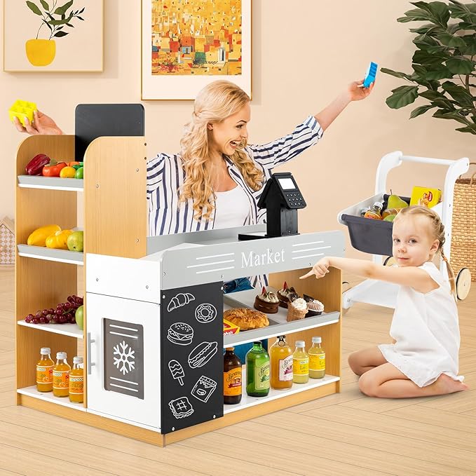 Costzon Kids Grocery Store Playset, Wooden Play Store w/Shopping Cart, Chalkboards, Refrigerator & Display Shelves, Grocery Store Pretend Play for Boys Girls 3+ Years Old