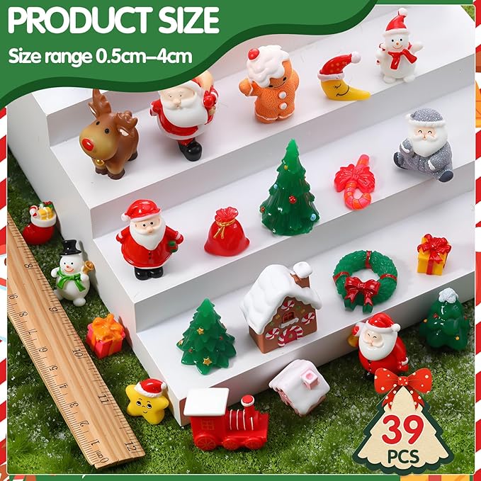 39PCS Christmas Miniature Figurines, Mini Resin Figurines to Hide Small Resin Santa Claus Snowman Xmas Trees Animals for Xmas Goodie Bag Mini Presents for Crafts