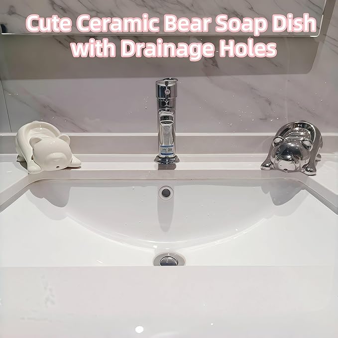 Ceramic Bear Soap Tray with Drain, Soap Dish Container, Dish Soap Tray, Multipurpose Holder for Shower, Bathroom, Kitchen & Counter jabonera para baño (Silver)