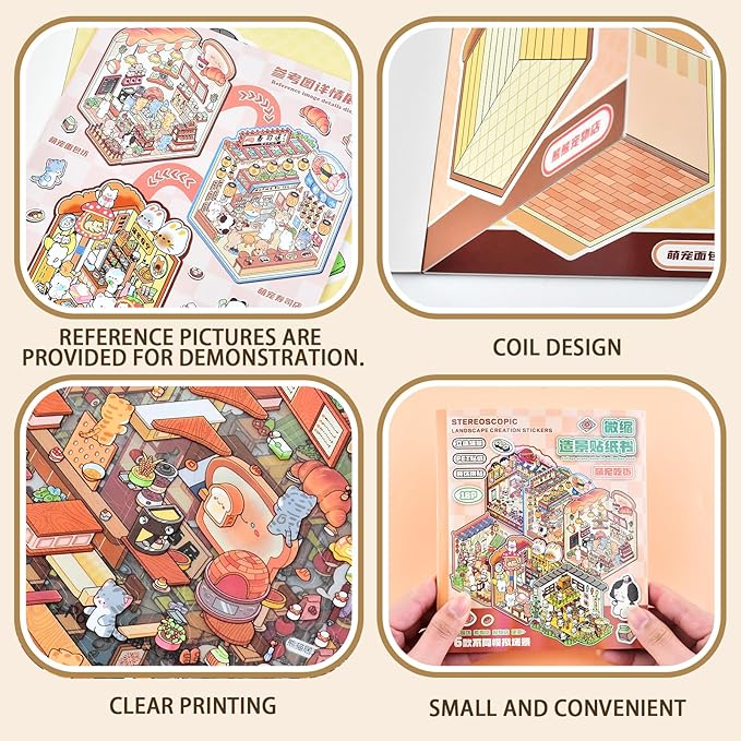 DIY Mini Fun 3D Animal House Scene Stickers Book with Tweezers Make Your Own Bakery Restaurant Teahouse Shop Sticker Scenes Cute Micro Stickers for Relief Stress Pass The Time(6 Designs)