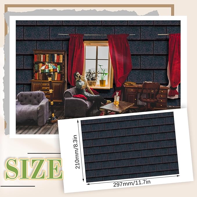 Flutesan 24 Pcs Miniature Dollhouse Wallpaper and Flooring Peel and Stick Mini DIY Self Adhesive Dollhouse Accessories 8.27 x 11.69 Inch (Roof Shingles Black Rectangular)