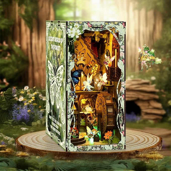 Book Nook Kit - DIY Miniature Dolls House Kit with Furniture and LED Light, 3D Puzzle Wooden Art Bookends, Model Kits for for Adults and Teens (Secret Forest)