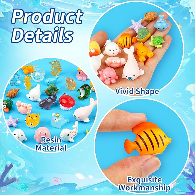 50 PCS Mini Sea Animals Figurines Tiny Resin Ocean Animal Mini Plastic Ocean Animals for DIY Miniature Scenes Dollhouse Birthday Party Decoration, Fish Tank Aquarium
