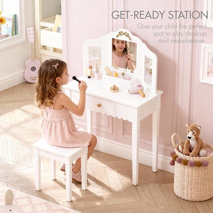 Spirich Kids Vanity Set with Mirror and Stool, Kids Make Up Vanity Desk for Little Girls, Children Makeup Dressing Table with Drawer
