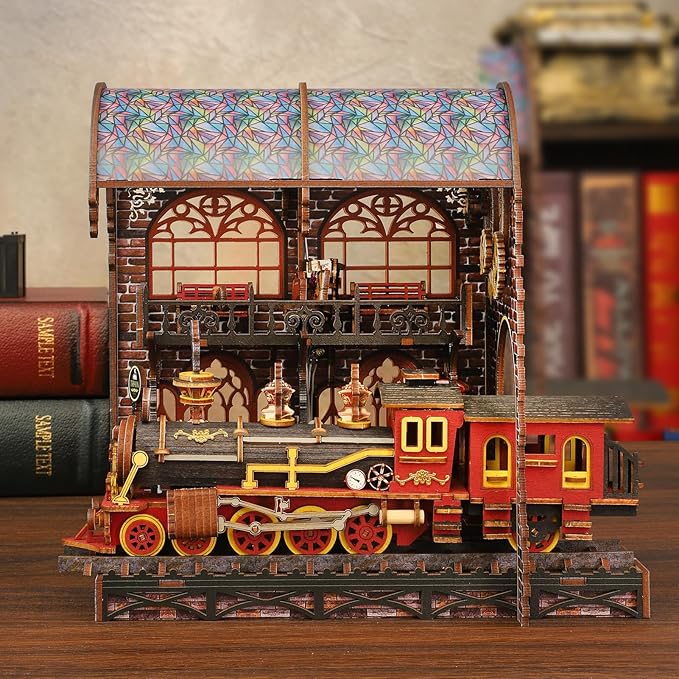 Book Nook Kit - DIY Miniature Dollhouse Booknook Kit with Steam Train, 3D Wooden Puzzle Bookend Bookshelf Insert Decor with LED, DIY Adults Crafts Kit Gifts for Family Friends
