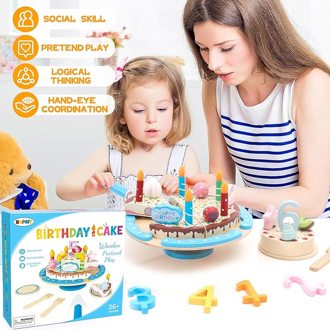 HAPGFS Wooden Birthday Cake Toy Set for Kids, Realistic Birthday Cake with Candles and Fruits for Pretend Play, Wooden Toys Educational Play Food for Birthday Parties and First Birthday Gifts for Kids