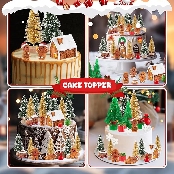 Sawysine 64 Pcs Christmas Miniatures Figurines Santa Xmas Garden Miniature Ornaments Kit Snowman Fairy Resin Ornaments Pine Tree for Garden Accessories(Gingerbread Man)