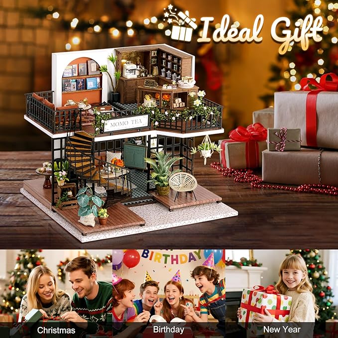 DIY Miniature House Kit, Mini Forest Momo Teashop Building Set, 3D Wooden Dollhouse with Dustproof Cover, Creative Handmade Home Decoration, Gift for Adult Teen Birthday Christmas