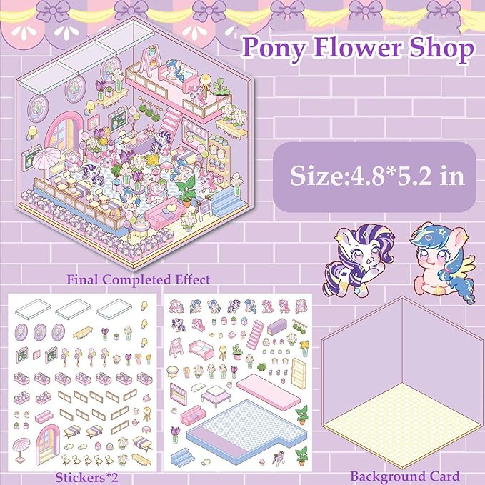 DIY 3D House Sticker, Stocking Stuffer, 6 Sets of Sticker Make Your Own Mini Shop Scenes Stickers for Kids Kawaii Cartoon Scene Stickers for Adult Relief Stress, Holiday & Christmas Fun
