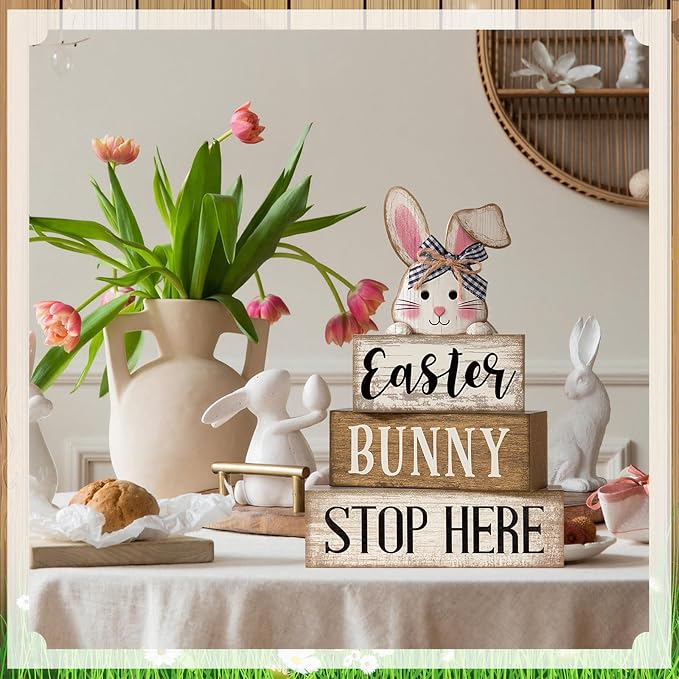 Moucuny 4 Pcs Easter Table Decoration Wooden Rabbit Easter Tiered Tray Decor Cute Bunny Centerpiece Rustic Wooden Bunny Block Sign Farmhouse Holy Week Party Decoration for Home Kitchen Shelf