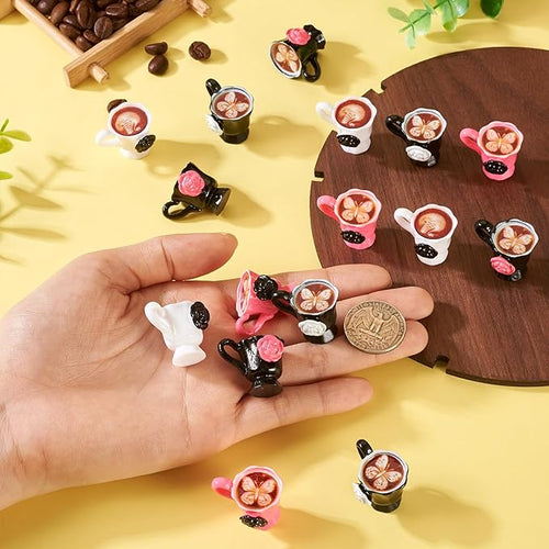 16Pcs Resin Mini Coffee Cups Miniature Things Kitchen Set Drink Food Rose Coffee Mug Butterfly Latte Art Tableware Dollhouse Ornaments for Desktop Decorations Crafts 25x21x20mm