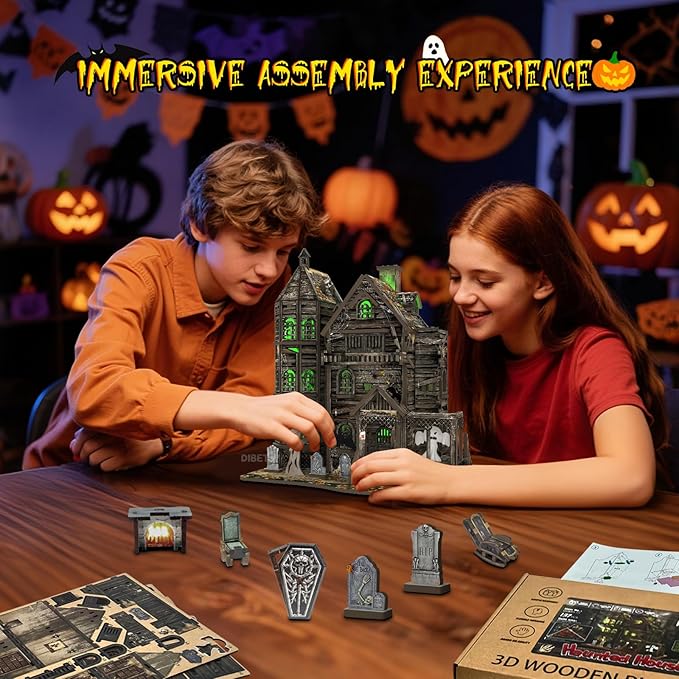 3D Wooden Puzzle Haunted House Model Set - Miniature Haunted House Kits with Led Accessories Furniture, Suitable for Adults and Teenagers to DIY Halloween Horror Doll House Craft Gifts.