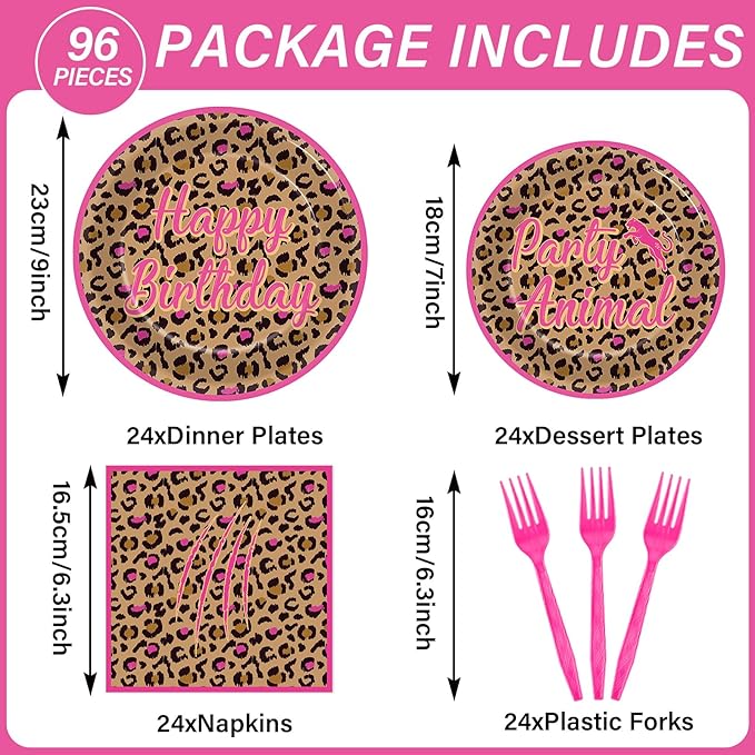 96Pcs Leopard Print Party Decorations Hot Pink Cheetah Print Birthday Themed Tableware Safari Animal Plates Napkins Forks Jungle Leopard Dinnerware Supplies for Baby Shower Birthday Serves 24 Guests