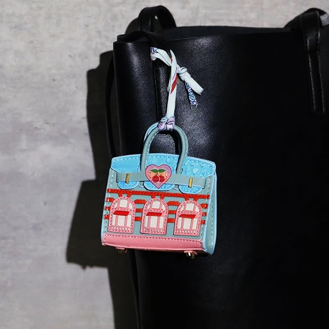 Buyborgood Women's 2 PCS Mini Tote Bag Charms Keychain Pouch Small Coin Purse Wallet (Blue + Pink)