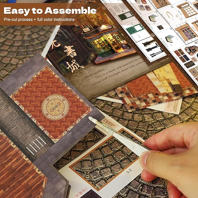 DIY Miniature House Kit, Mini 3D Wooden Books Shop Building Kit, Tiny Dollhouse Kit with Dustproof Cover & Music Movement, Creative Handmade House Craft, Gift for Adults Teens Family Friends