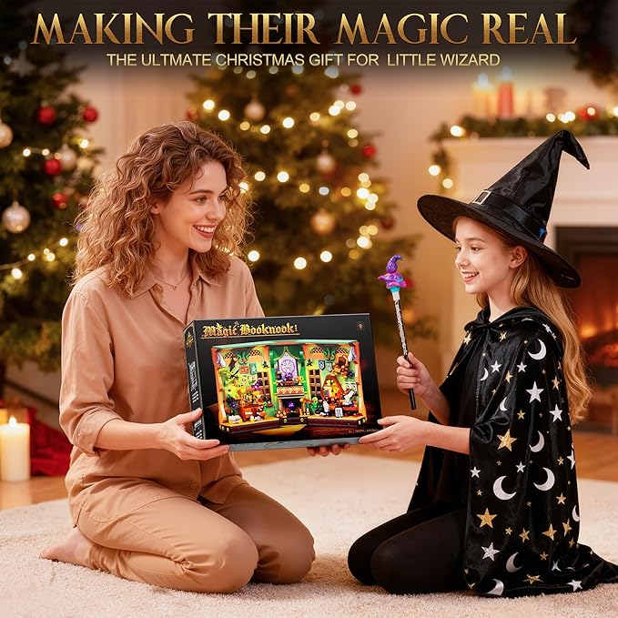 Book Nook Building Kit with LED Lights, 1033 PCS Magic Academy Booknook 3D Miniature House Model for Bookshelf Bookend Home Decor, Christmas for Adults Kids Age 8+
