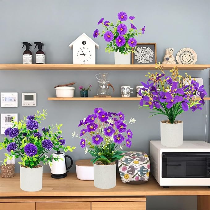 Luiywan 4 Packs Small Fake Plants Mini Artificial Potted Flowers Plastic Small Faux Potted Plants Indoor for Home Room Office Shelves Spring Decor, Purple