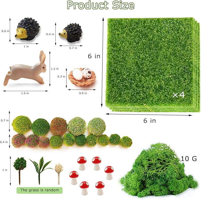 QuarenDen Miniature Garden Accessories, 36Pcs, 6in x 6in Fairy Artificial Grass, Fake Moss, Mini Fairy Garden Grass, Fairy Garden kit for Dollhouse Decoration Plant House Decor
