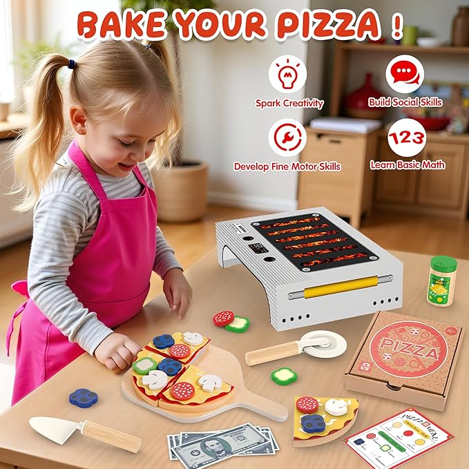 WOODMAM Pizza Toy Set, Montessori Realistic Play Food with Oven Box, Educational Learning Toys for Preschoolers Toddlers Age 3 4 5 6, Christmas Birthday Gift for Kids