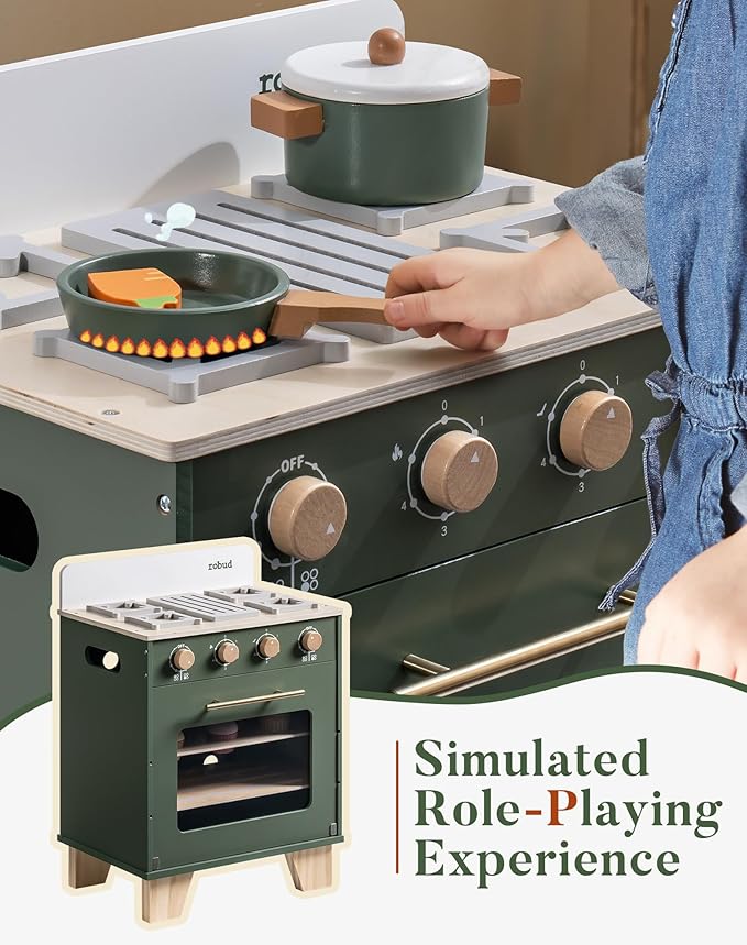 ROBUD Vintage Wooden Toy Kitchen Oven for Kids, Pretend Play Oven with Push-Pull Baking Tray, Realistic Sound Effects, Ideal Gift for 3+ Years Old Grils and Boys