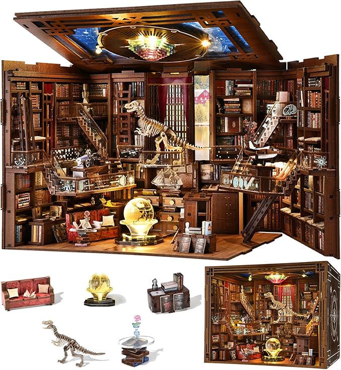 DIY Book Nook Library Kit, Miniature Dollhouse Booknook Kit, 3D Wooden Puzzle Bookend Bookshelf with LED Light for Teens and Adults (Beyond Library Max)