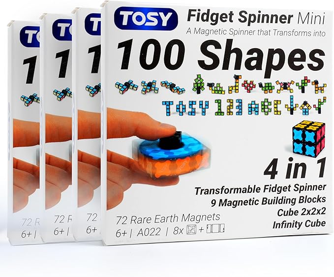 TOSY Magnet Fidget Spinner Mini - 8 Blocks, 3 in 1 Toy: Transformable Fidget Spinner, Infinity Cube, 2x2 Puzzle Cube, Easter Valentine Gift for Kids/Adults, STEM Sensory Stress Relief Toy, 4-Pack