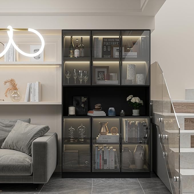 Display Cabinet with Hutch, Glass Doors and Lights, Wooden Storage Cabinet with 5-Tier Shelves, Can be Used as Bookcases, Kitchen Pantry Cabinets, Black (47.2 "W x 16.5 "D x 78.7 "H)