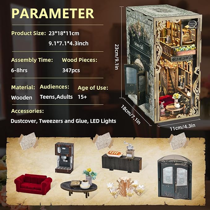 Book Nook Kit - DIY Miniature House Coffee Shop Dollhouse Kit for Adults and Teens, 3D Wooden Puzzle Booknook Tiny House Bookshelf Decor, Gifts for Family, Friends (Saison Café)