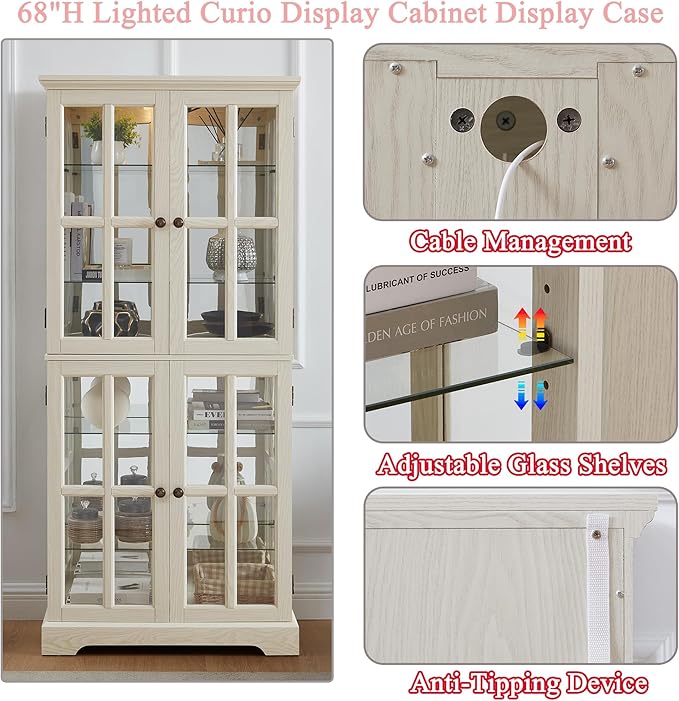 68" H Glass Curio Display Cabinet with Light, 6-Tier Wooden Storage Showcase w/ 4 Glass Doors & Adjustable Shelves, Vintage Accent Cabinet w/Mirrored Back Pane for Home & Office (White)