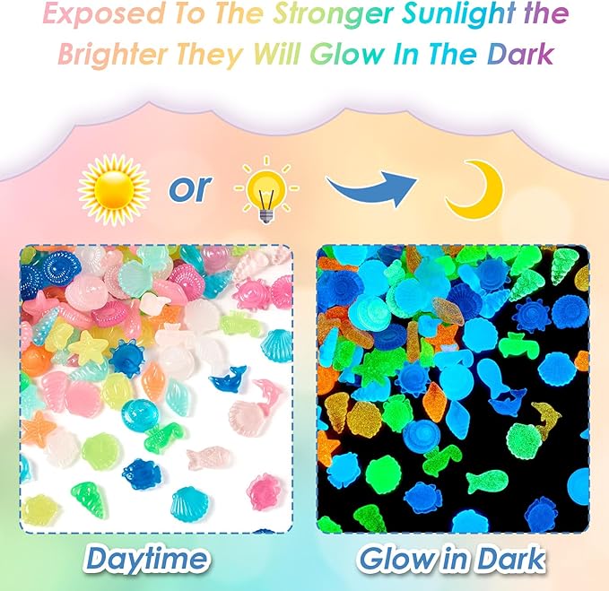Beadthoven 300Pcs Glow in The Dark Sea Shells Starfish Luminous Pebbles Plastic Seashells Conch Sea Animal Glow Stones for Table Scatters Beach Mermaid Party Decoration Vase Fillers DIY Crafts