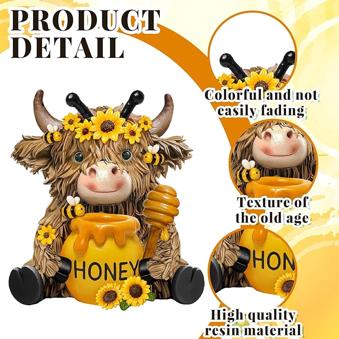 Burbell 2 Pack Bee Highland Cow Resin Figurine Summer Bee Bathroom Highland Cow Gnomes with Sunflower Starfish Resin Statue for Garden Table Shelf Home Decor Calf Gnome Herd Gifts
