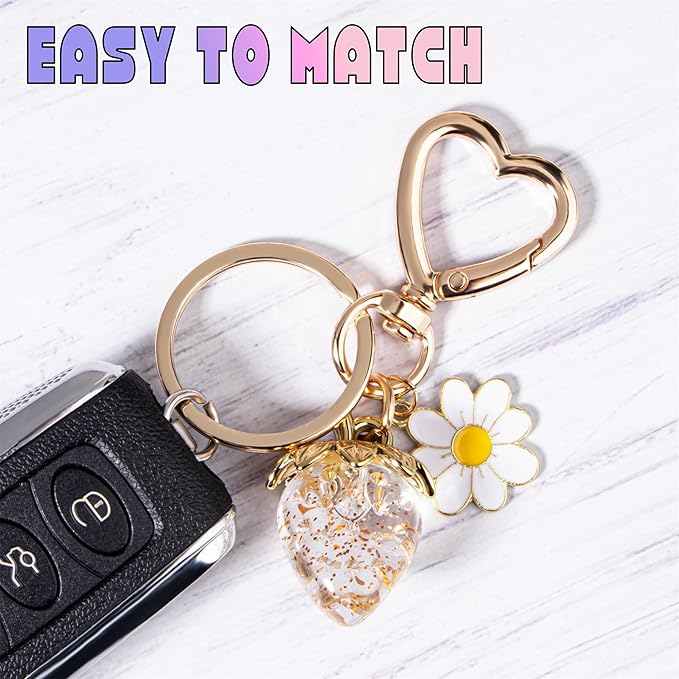 Wikavanli Cute Strawberry Keychain,Bag Charms,Kawaii Heart Flower Daisy Key chains Accessories Decor for Women Girls Purse