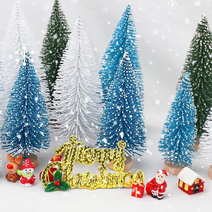 30Pcs Mini Christmas Tree Decor, Artificial Christmas Tree 5 Sizes,Mini Sisal Snow Frost Trees with Wooden Base for Christmas Decor Christmas Party Home Table Craft Decorations (Green/Blue)