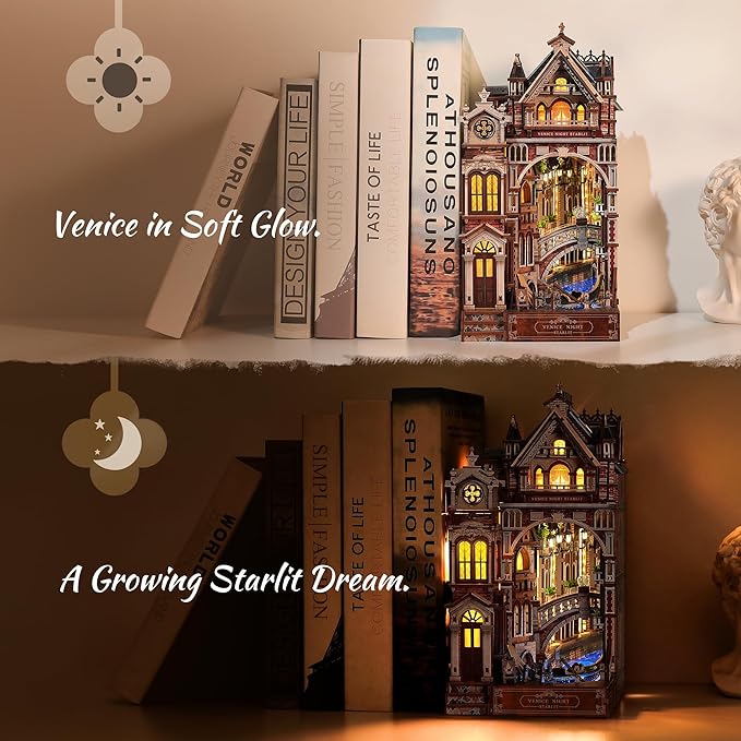 Venice Night Starlit Book Nook Kit – LED 3D Wood Puzzle with Infinity Mirror – DIY Bookshelf Decor, Miniature Craft Gift for Kids and Adults