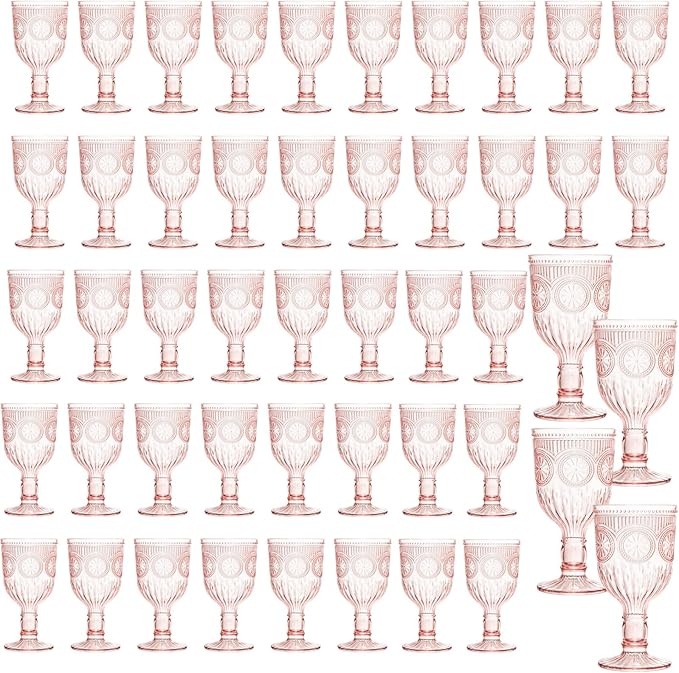 Pink 48 Pack Vintage Wine Glasses, Plastic Reusable 12 Ounce Colored Water Goblets, Unique Flower Embossed Pattern Unbreakable Stemmed Wine Glasses High Clear Wedding Party Bar Drinking Cups