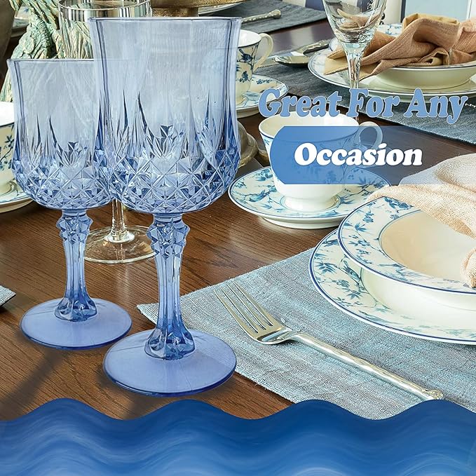 Veiuwa 12 PCS Blue Plastic Wine Glasses,Reusable Plastic Wine Glasses,Blue Goblet Glass,Durable and Sturdy Cups Can Be Used for Various Parties Such as Weddings!
