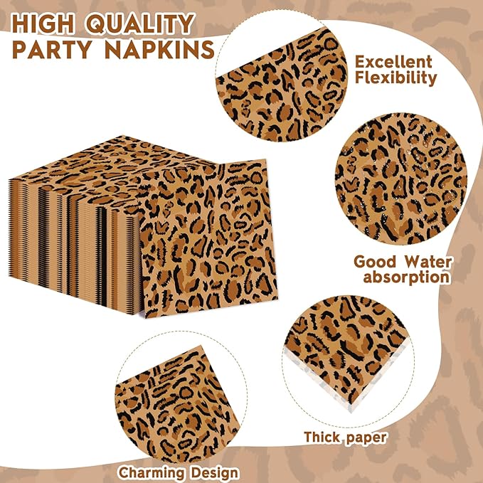 96Pcs Cheetah Print Party Decorations Brown Leopard Print Birthday Themed Tableware Safari Animal Plates Napkins Forks Jungle Leopard Dinnerware Supplies for Baby Shower Birthday Serves 24 Guests