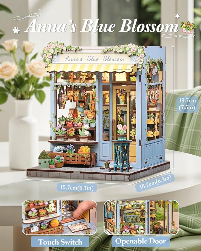 CUTEBEE Book Nook Kit - DIY Miniature House Dollhouse Kit for Adults, Booknook Tiny House Bookshelf Decor 3D Wooden Puzzle, Gifts for Family and Friends (Anna's Blue Blossom)